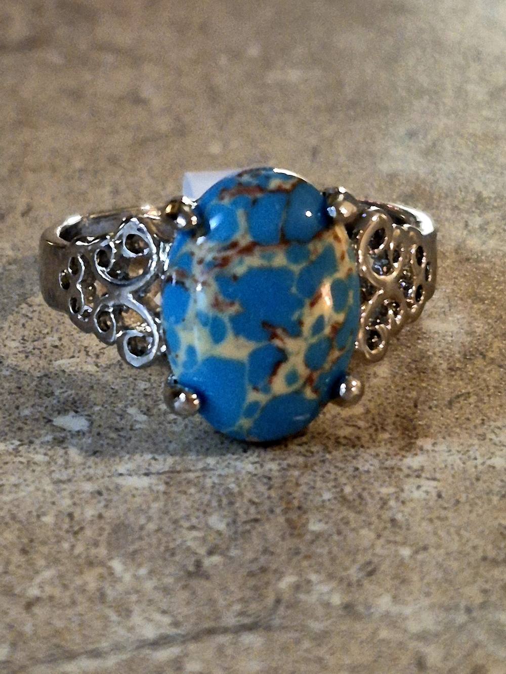 Turquoise Stone Filigree Silver Ring - Blue